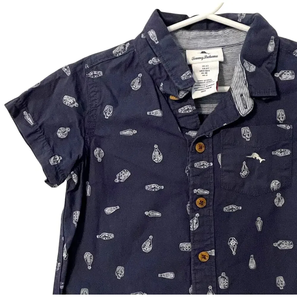 Tommy Bahama Nautical Button Shirt Boys Size 3T Blue Coastal Ship in Bottle